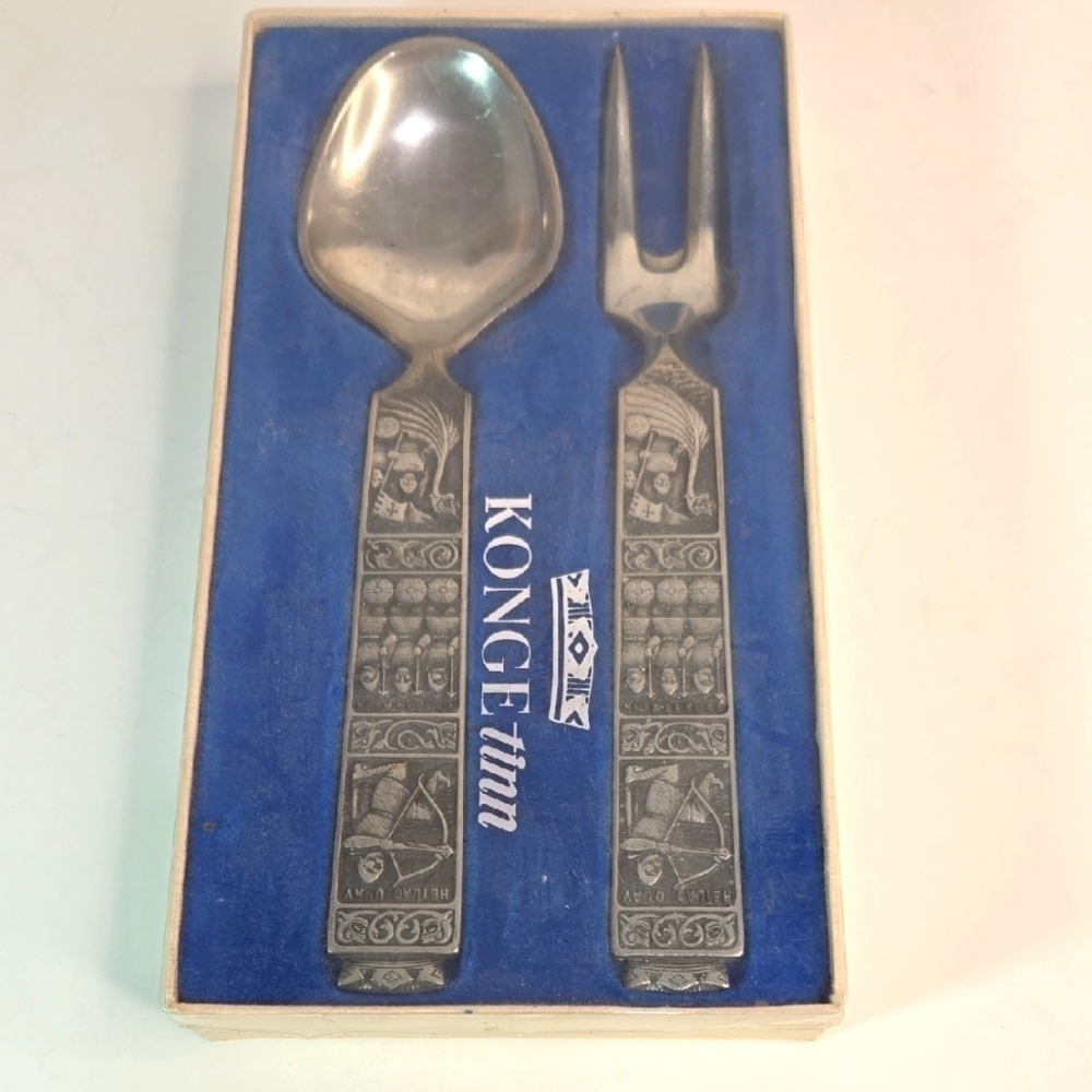 Vintage Boxed Konge Tinn Royal Pewter Salad Set Made in Norway Spoon Fork